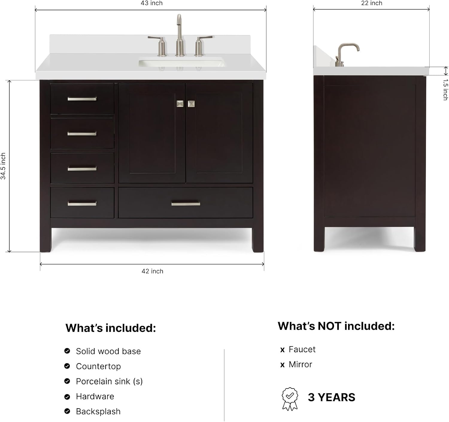DKB Beckford 42-Inch Espresso Single Bathroom Vanity with Sink, 1.5-Inch White Quartz Countertop & Backsplash, Right Rectangular Undermount Sink, 2 Soft Closing Doors, 5 Dovetail Drawers, Solid Wood