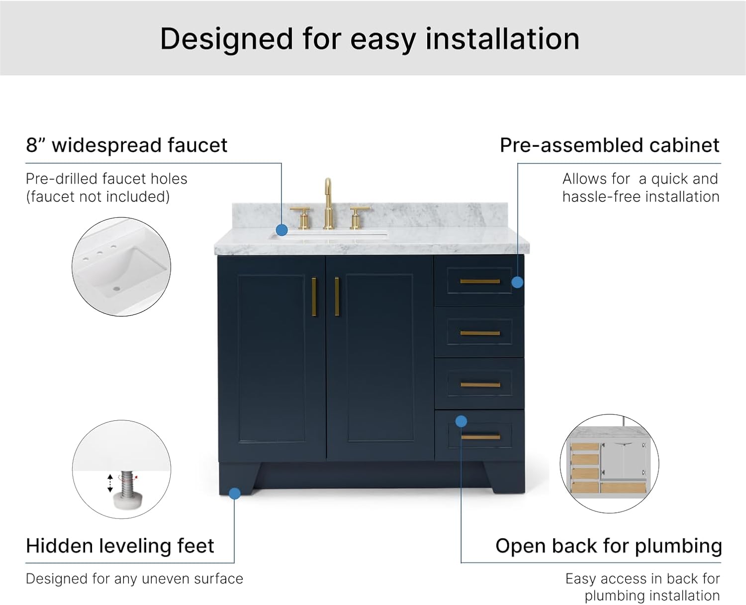 ARIEL Taylor 42-inch Bathroom Vanity with Sink,Solid Wood, 1.5-inch Italian Carrara Marble Countertop, Single Rectangular Porcelain Sink, 2 Soft Closing Doors, 5 Dovetail Drawers, Midnight Blue