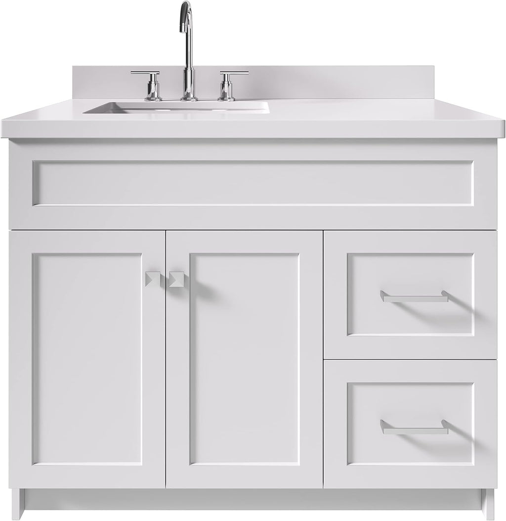 ARIEL 42' Gray Single Bathroom Vanity with 1.5' White Quartz Countertop, Rectangular Undermount Sink, Solid Wood Frame, 2 Soft Closing Doors, Dovetail Drawers