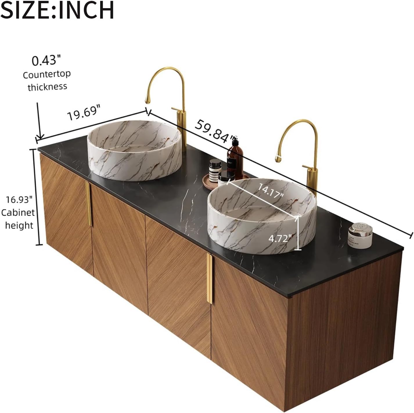 LKTART 60 Inch Bathroom Vanity Double Sink, Double Sink Bathroom Vanity with White Round Ceramic Basins, 4 Doors Modern Wall Mounted Bathroom Storage Cabinet, Black Sintered Stone Countertop, Brown