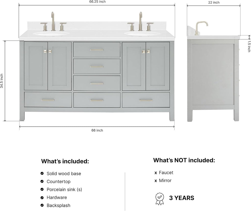 ARIEL Cambridge 66-inch Bathroom Vanity with Sink,Solid Wood, 1.5-inch Carrara White Quartz Countertop & Backsplash, Double Oval Porcelain Sink, 4 Soft Closing Doors, 6 Dovetail Drawers, Grey