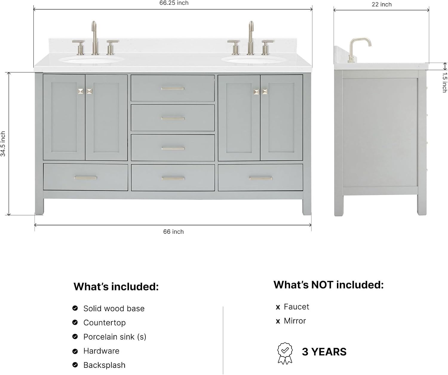 ARIEL Cambridge 66-inch Bathroom Vanity with Sink,Solid Wood, 1.5-inch Carrara White Quartz Countertop & Backsplash, Double Oval Porcelain Sink, 4 Soft Closing Doors, 6 Dovetail Drawers, Grey