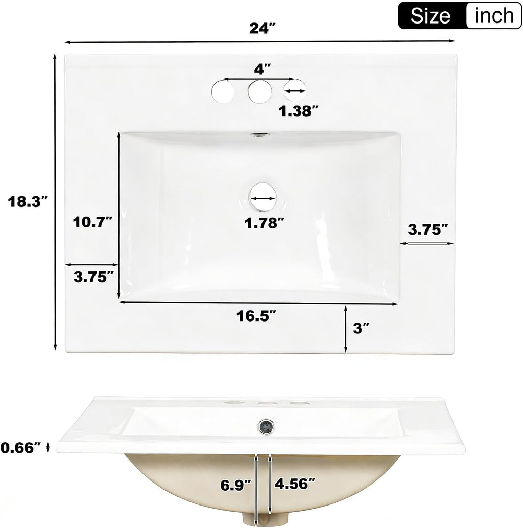 Harper & Bright Designs 24' Bathroom Vanity with Sink, Free-Standing Vanity Set with 3 Drawers in Different Sizes, Door-Mounted Rack, Wood Bathroom Cabinet with Ceramic Basin for Bathroom, Black