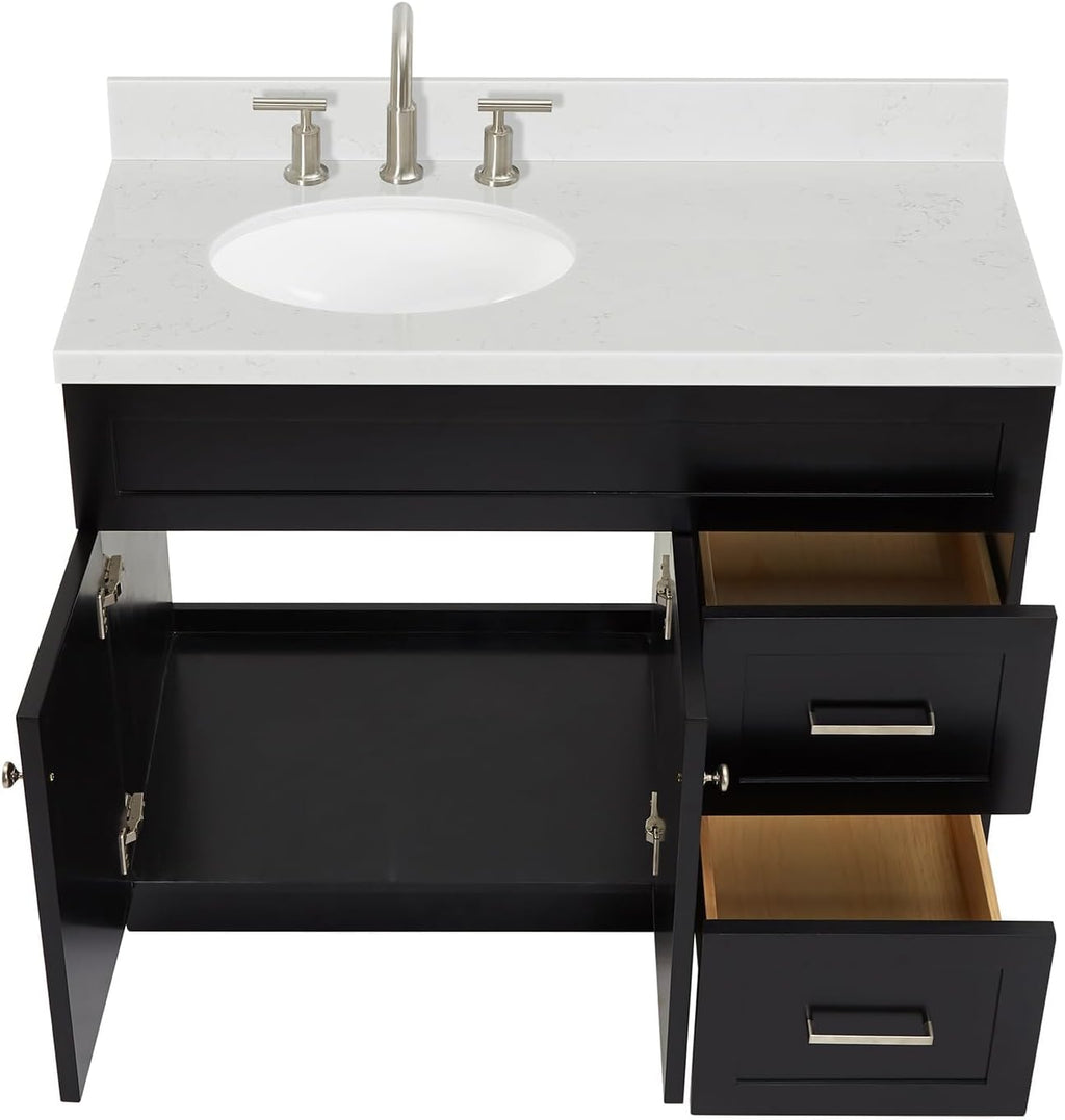 DKB Bradford 42' Black Bathroom Vanity with Sink, Oval Undermount, 1.5' Carrara Quartz Countertop, Solid Wood Frame, 2 Soft-Closing Doors, 2 Full Extension Drawers, Brushed Nickel