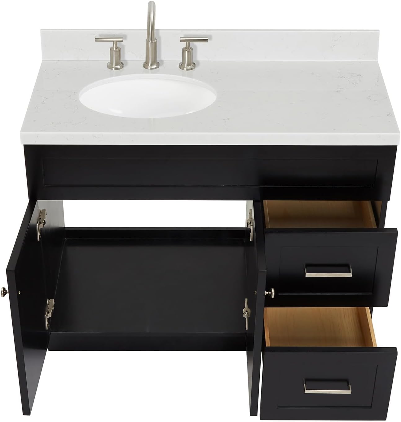 DKB Bradford 42' Black Bathroom Vanity with Sink, Oval Undermount, 1.5' Carrara Quartz Countertop, Solid Wood Frame, 2 Soft-Closing Doors, 2 Full Extension Drawers, Brushed Nickel