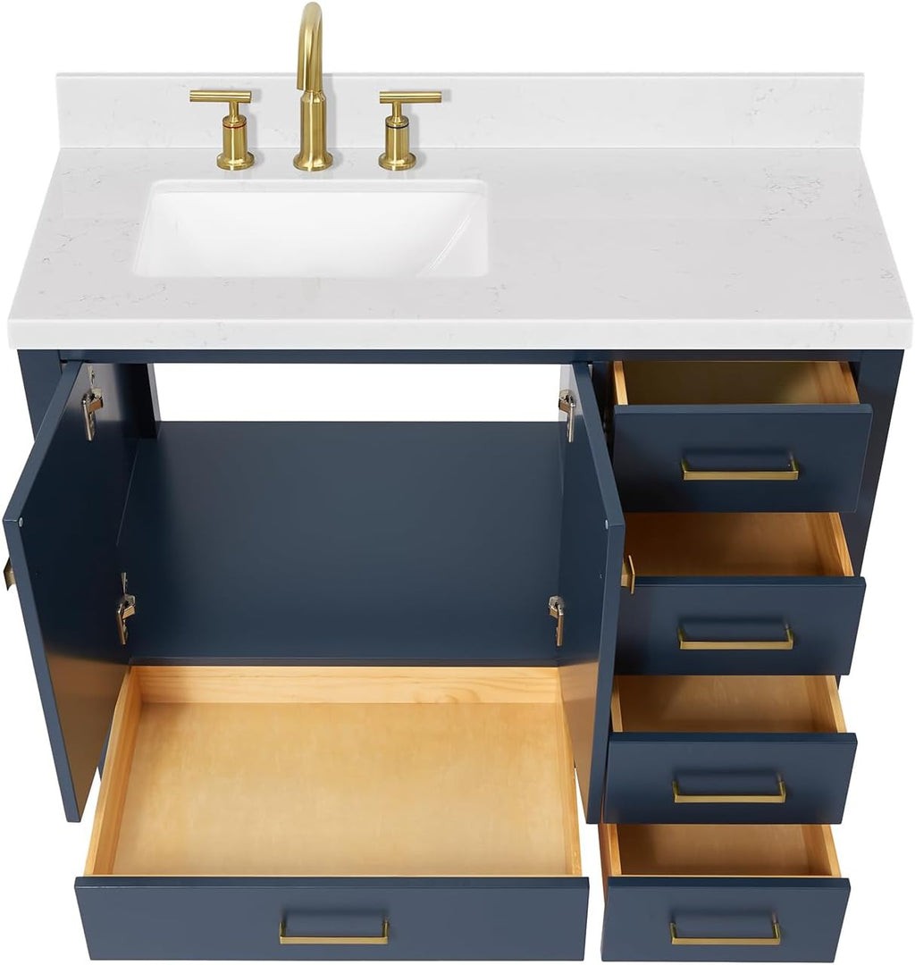 ARIEL Cambridge 42 Inch Single Left Offset Rectangle Sink Bathroom Vanity with Carrara White Quartz Countertop 1.5 Edge in Midnight Blue