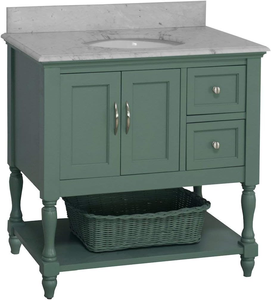 Kitchen Bath Collection Beverly 36-inch Bathroom Vanity (Carrara/Sage Green): Includes Sage Green Cabinet with Authentic Italian Carrara Marble Countertop and White Ceramic Sink