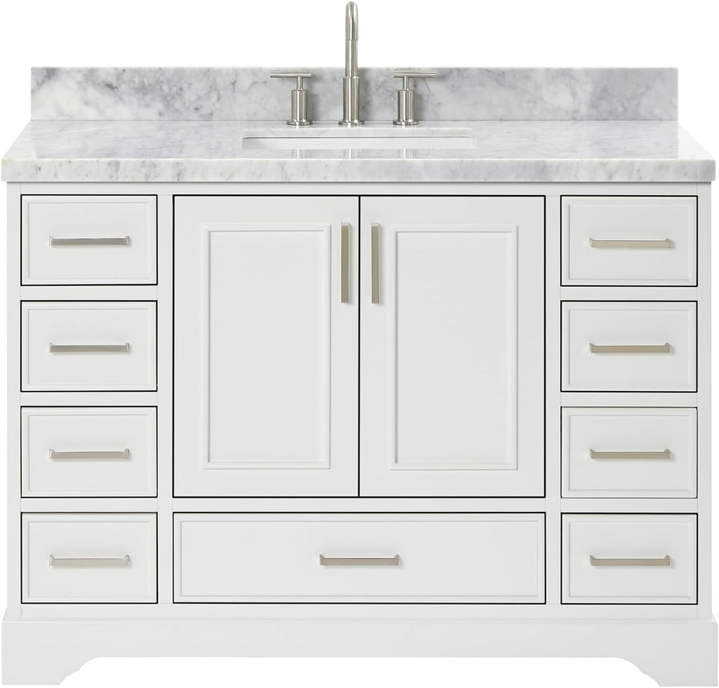ARIEL Stafford 48-inch Bathroom Vanity with Sink,Solid Wood, 1.5-inch Italian Carrara Marble Countertop, Single Rectangular Porcelain Sink, 2 Soft Closing Doors, 9 Dovetail Drawers, White