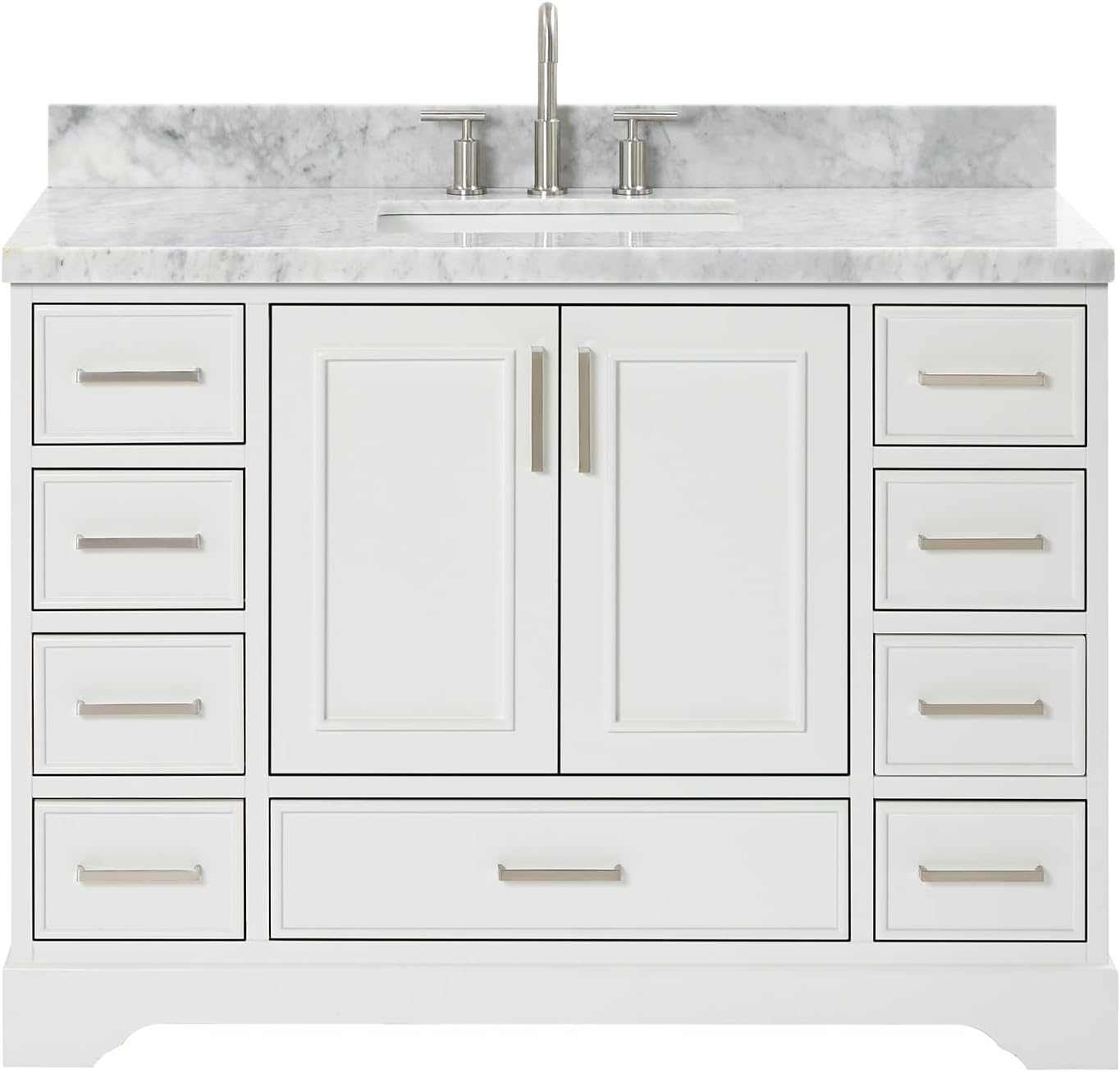 ARIEL Stafford 48-inch Bathroom Vanity with Sink,Solid Wood, 1.5-inch Italian Carrara Marble Countertop, Single Rectangular Porcelain Sink, 2 Soft Closing Doors, 9 Dovetail Drawers, White