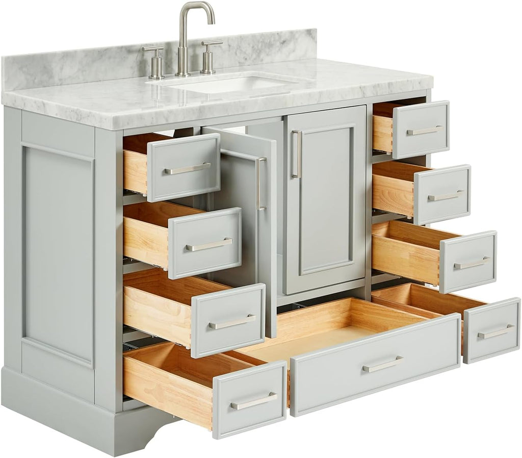 ARIEL Stafford 48-inch Bathroom Vanity with Sink,Solid Wood, 1.5-inch Italian Carrara Marble Countertop, Single Rectangular Porcelain Sink, 2 Soft Closing Doors, 9 Dovetail Drawers, Grey