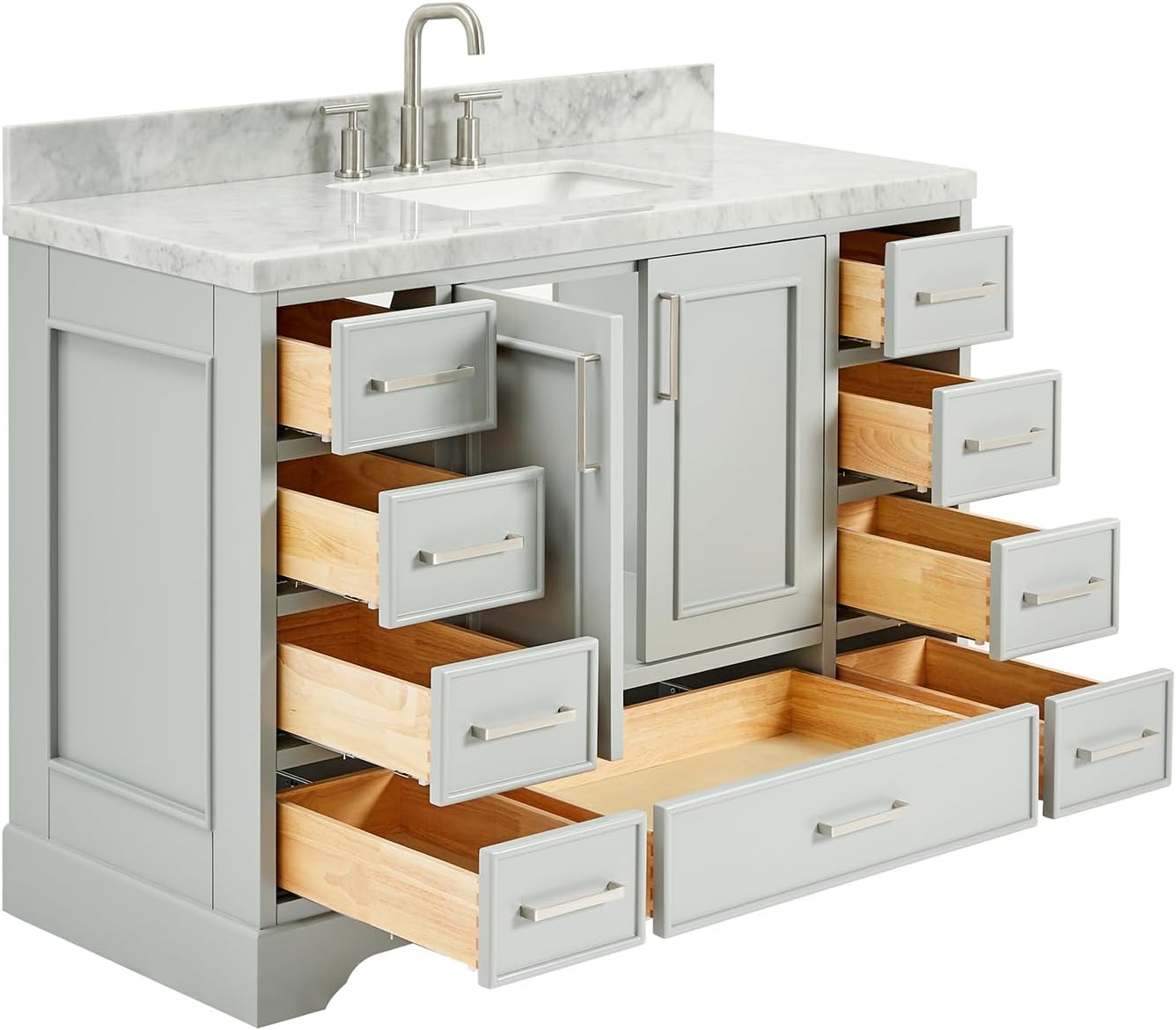 ARIEL Stafford 48-inch Bathroom Vanity with Sink,Solid Wood, 1.5-inch Italian Carrara Marble Countertop, Single Rectangular Porcelain Sink, 2 Soft Closing Doors, 9 Dovetail Drawers, Grey