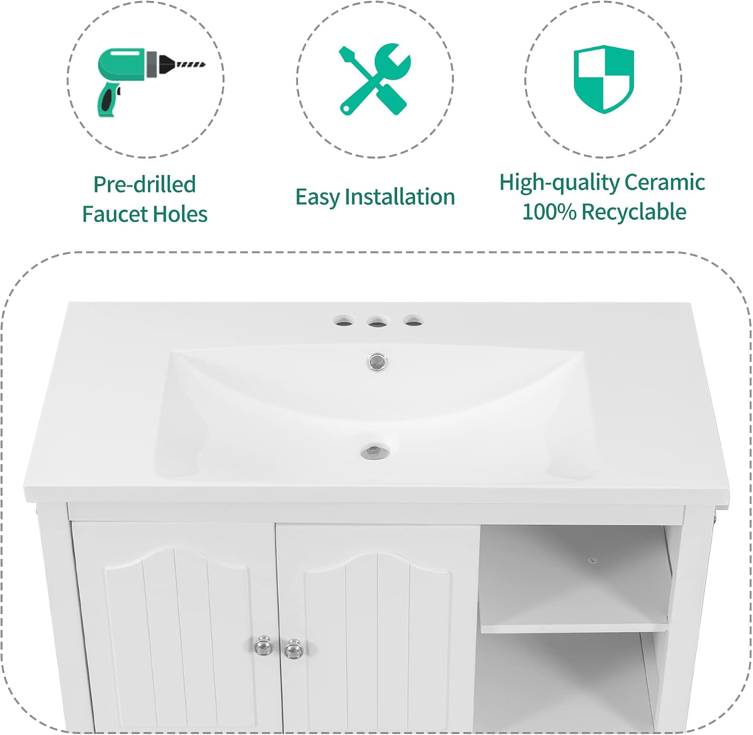 36' Bathroom Vanity Top Only, Drop-in Ceramic Sink with Pre-drilled 3 Holes and Overflow Hole