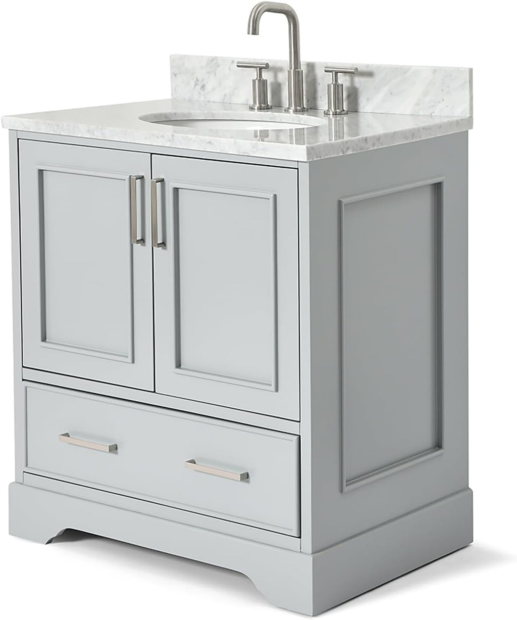 ARIEL Stafford 30-inch Bathroom Vanity with Sink,Solid Wood, 0.75-inch Italian Carrara Marble Countertop & Backsplash, Single Oval Porcelain Sink, 2 Soft Closing Doors, 1 Dovetail Drawers, Grey