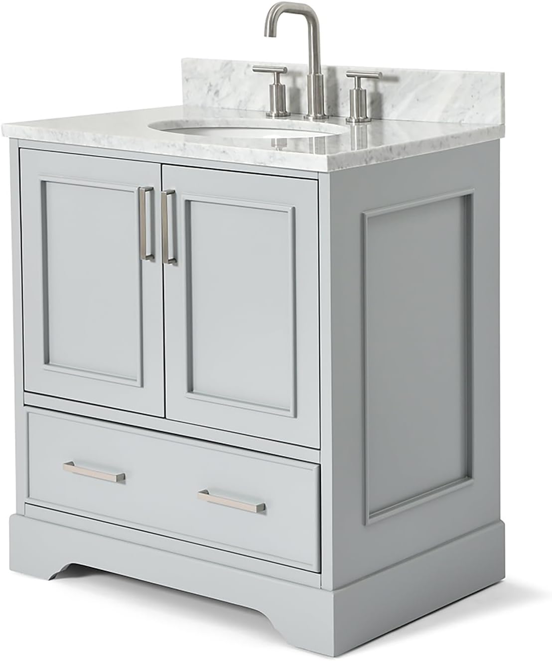 ARIEL Stafford 30-inch Bathroom Vanity with Sink,Solid Wood, 0.75-inch Italian Carrara Marble Countertop & Backsplash, Single Oval Porcelain Sink, 2 Soft Closing Doors, 1 Dovetail Drawers, Grey