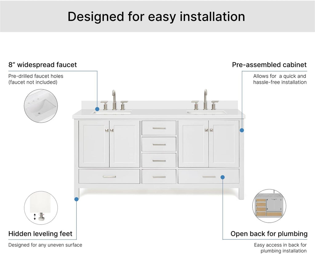 ARIEL Cambridge 72-inch Bathroom Vanity with Sink,Solid Wood, 1.5-inch Pure White Quartz Countertop & Backsplash, Double Rectangular Porcelain Sink, 4 Soft Closing Doors, 6 Dovetail Drawers, White