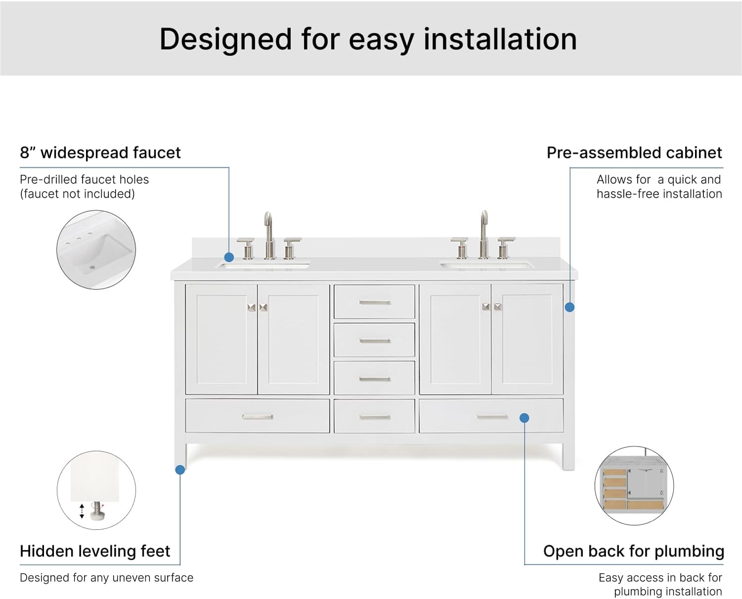 ARIEL Cambridge 72-inch Bathroom Vanity with Sink,Solid Wood, 1.5-inch Pure White Quartz Countertop & Backsplash, Double Rectangular Porcelain Sink, 4 Soft Closing Doors, 6 Dovetail Drawers, White