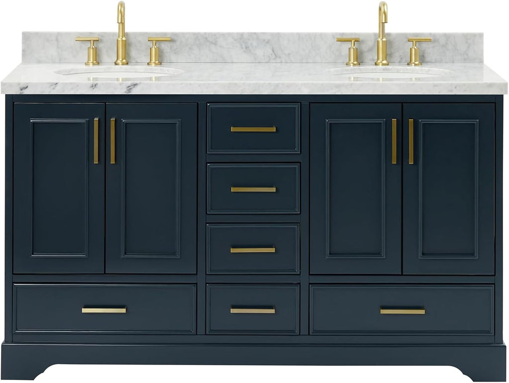 ARIEL Stafford 60-inch Bathroom Vanity with Sink,Solid Wood, 1.5-inch Italian Carrara Marble Countertop, Double Oval Porcelain Sink, 4 Soft Closing Doors, 6 Dovetail Drawers, Midnight Blue