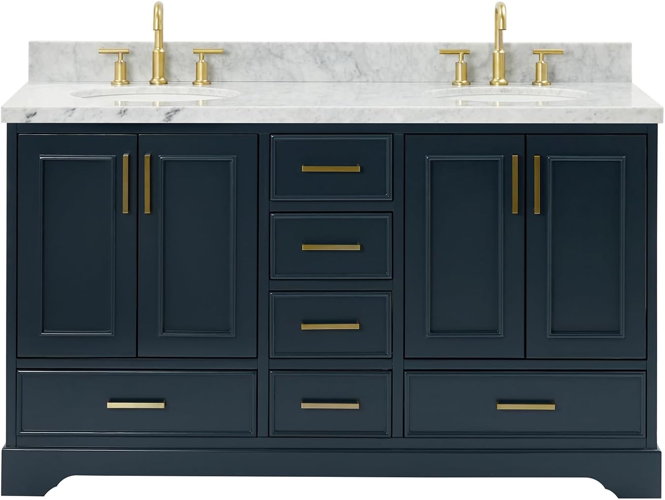 ARIEL Stafford 60-inch Bathroom Vanity with Sink,Solid Wood, 1.5-inch Italian Carrara Marble Countertop, Double Oval Porcelain Sink, 4 Soft Closing Doors, 6 Dovetail Drawers, Midnight Blue