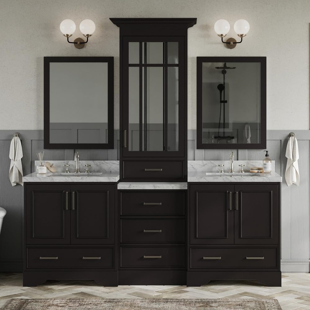 ARIEL Stafford 84-inch Bathroom Vanity with Sink,Solid Wood, 1.5-inch Italian Carrara Marble Countertop, Double Rectangular Porcelain Sink, 5 Soft Closing Doors, 6 Dovetail Drawers, Espresso
