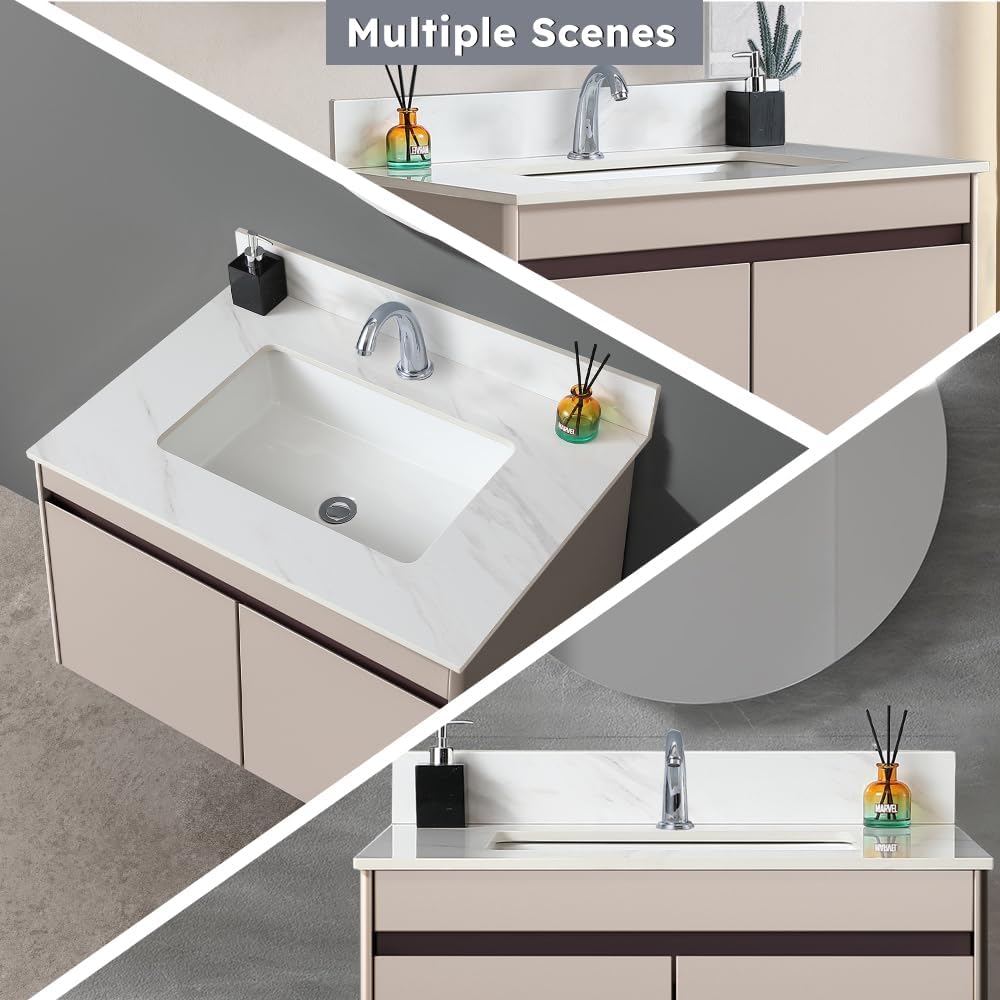 31''W x 22''D Vanity Top, Marble Quartz Bathroom Sink Vanity Top, Sintered Stone Bathroom Vanity with Undermount Ceramic Sink, Bathroom Vanity Sink Countertop, 1 Faucet Hole, White Grey Carra