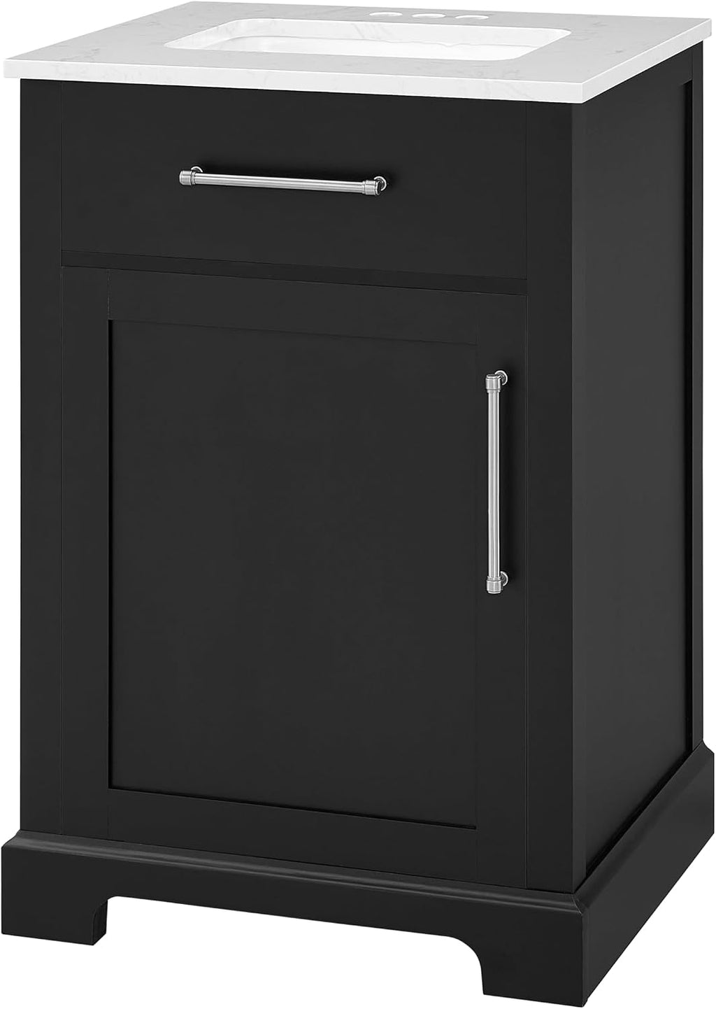 Clara Black 24-Inch Single Bathroom Vanity with Sink, Wood Single Shaker Door Cabinet with Adjustable Shelf, Nickel and Gold Handles, Pre-Drilled Marbled White Stone Top, Freestanding, Fully Assembled