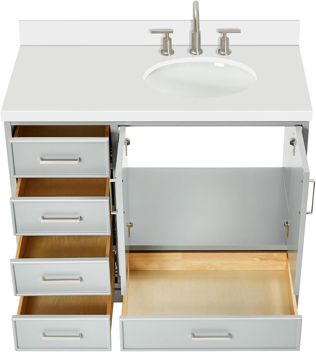 DKB Langford 42-inch Grey Bathroom Vanity with Right Oval Single Sink, Pure White Quartz Countertop & Backsplash, Solid Wood Frame, Soft-Closing & Dovetail Drawers
