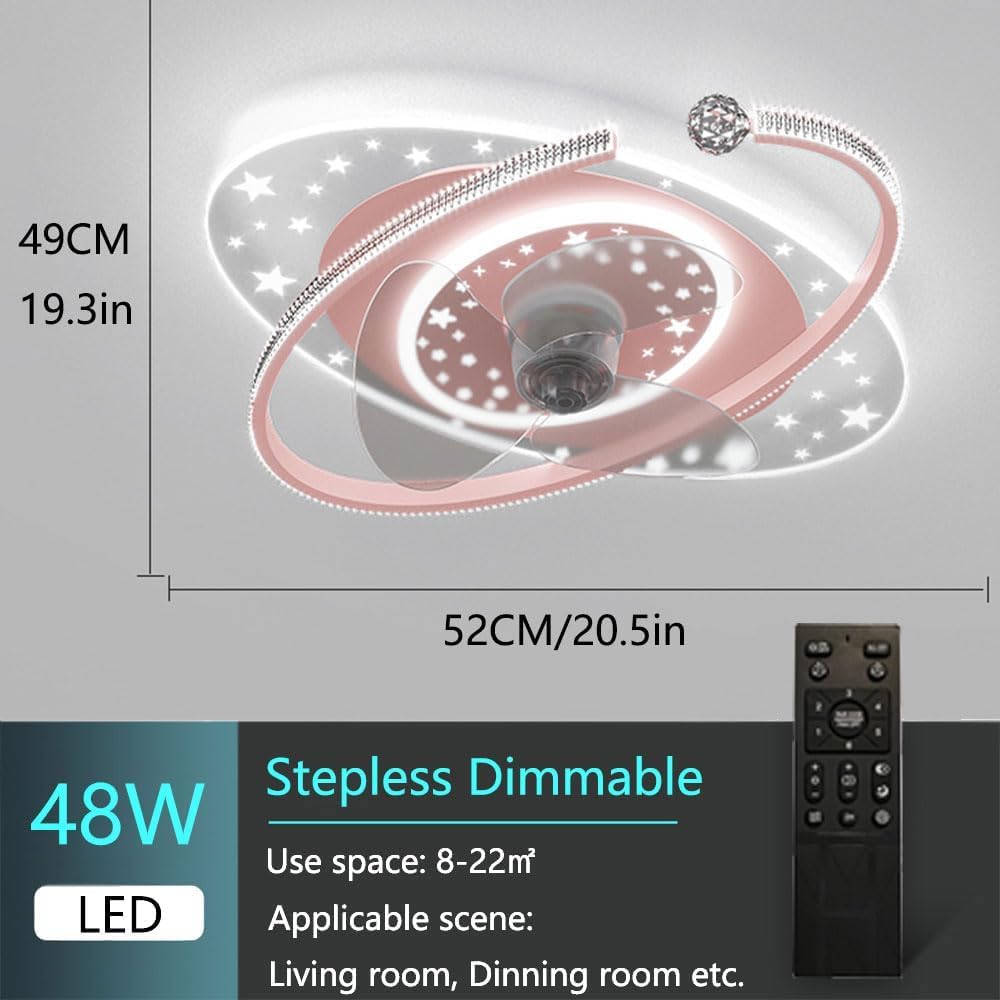 Kids Ceiling Fan with Lights Remote Dimmable 48W LED Ceiling Lights Fan Lighting Pink Mute Ceiling Fans Indoor 6 Speeds Fan Ceiling with Light for Girls Room Bedroom