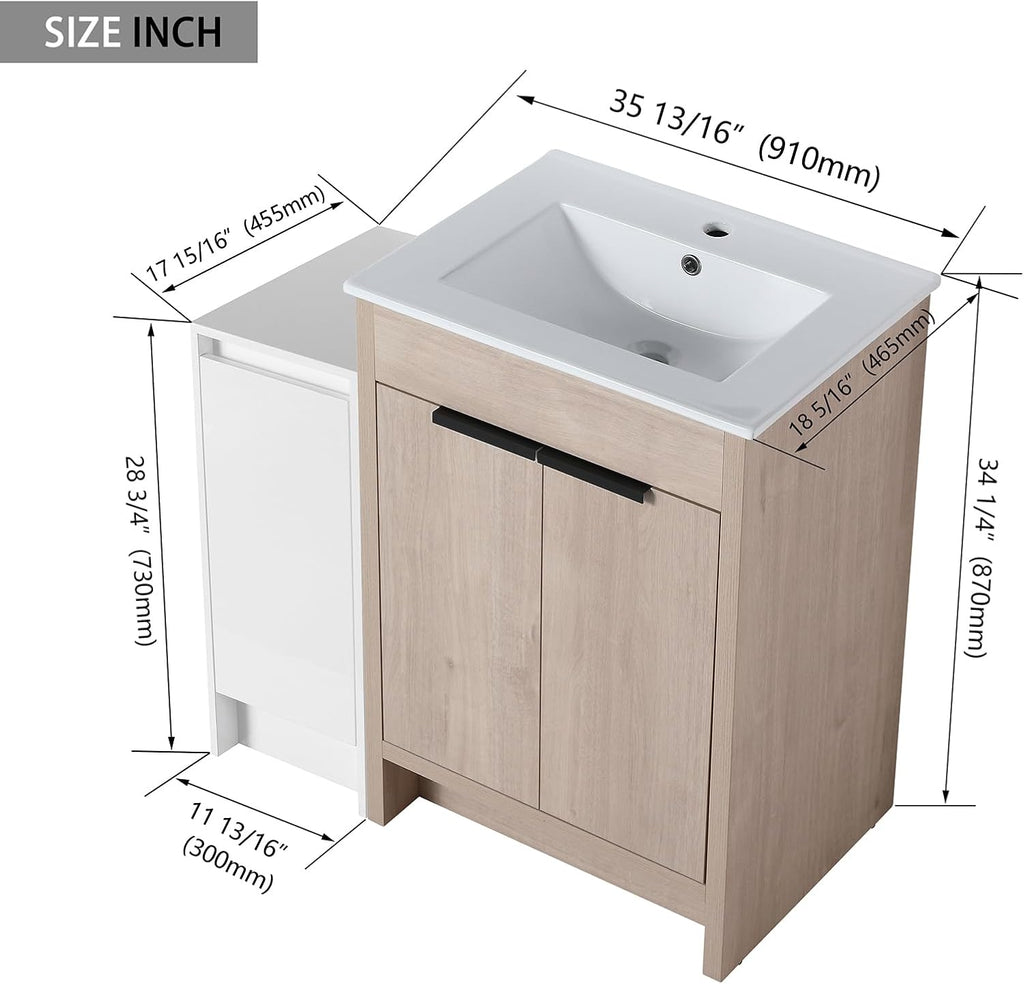 36 Inch Single Sink Bathroom Vanity Combo, Plywood Bathroom Vanity with Sink & Ceramic Top, Freestanding Bathroom Vanity Set with Storage Cabinets and Soft Closing Door