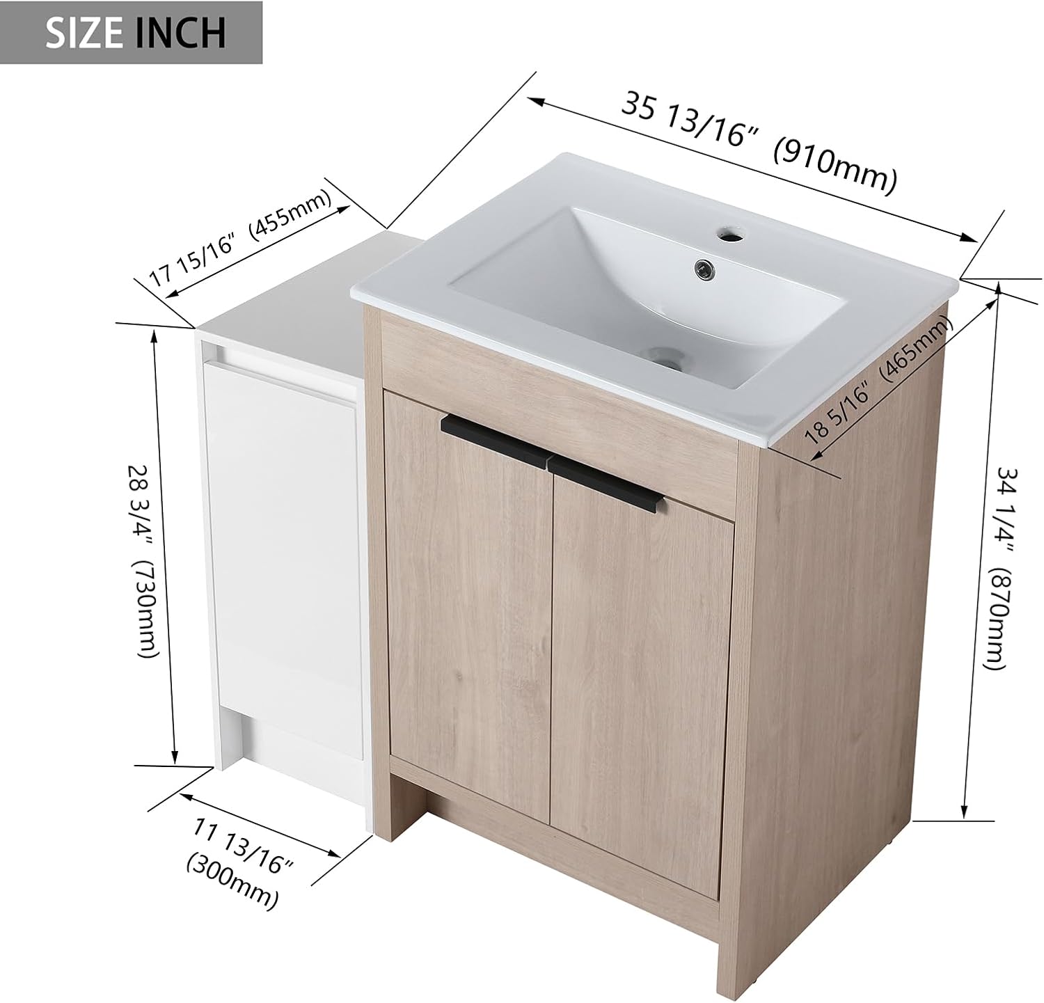 36 Inch Single Sink Bathroom Vanity Combo, Plywood Bathroom Vanity with Sink & Ceramic Top, Freestanding Bathroom Vanity Set with Storage Cabinets and Soft Closing Door