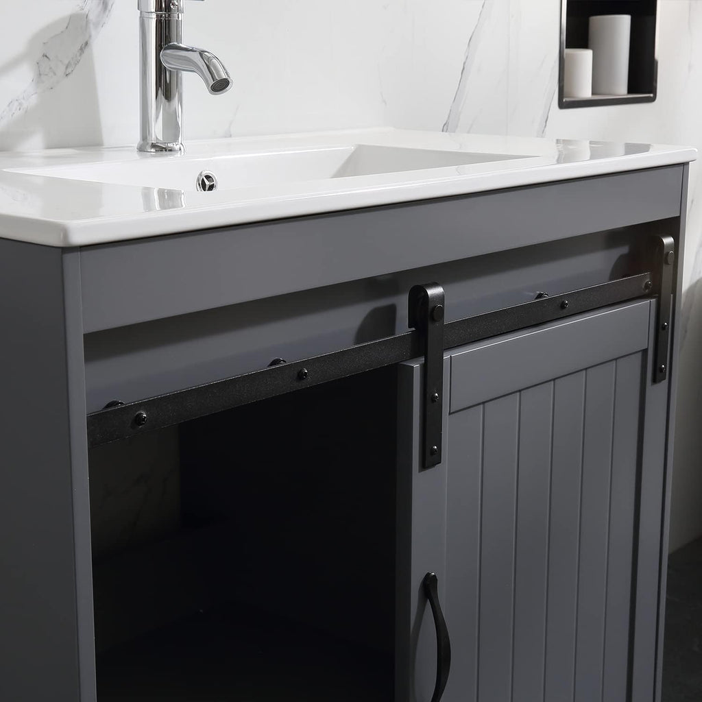 36 inch Bathroom Vanity with Sink Top Mirror Sliding Barn Door Dark Grey | Freestanding farmhouse bathroom vanity cabinet, ceramic single sink combo