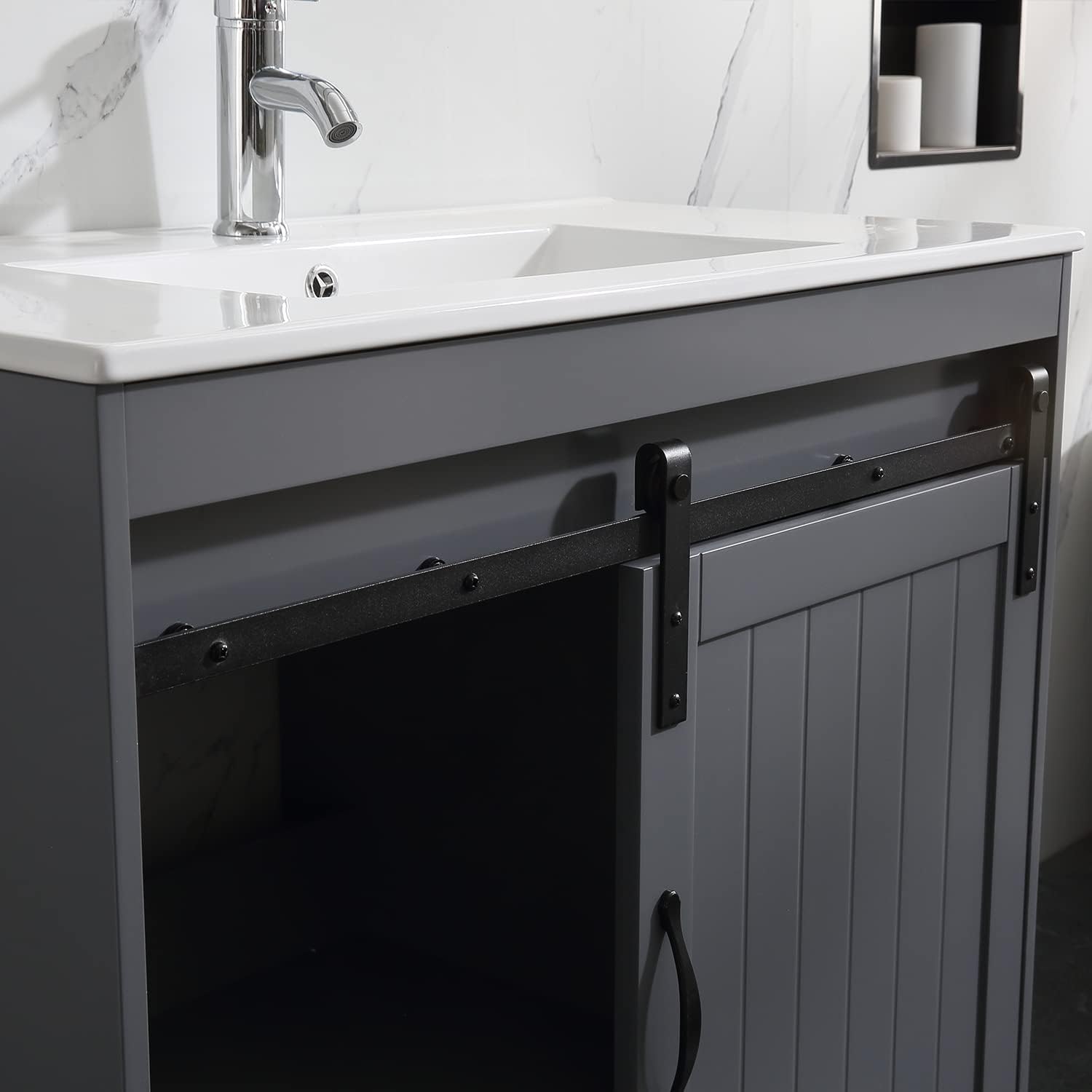 36 inch Bathroom Vanity with Sink Top Mirror Sliding Barn Door Dark Grey | Freestanding farmhouse bathroom vanity cabinet, ceramic single sink combo