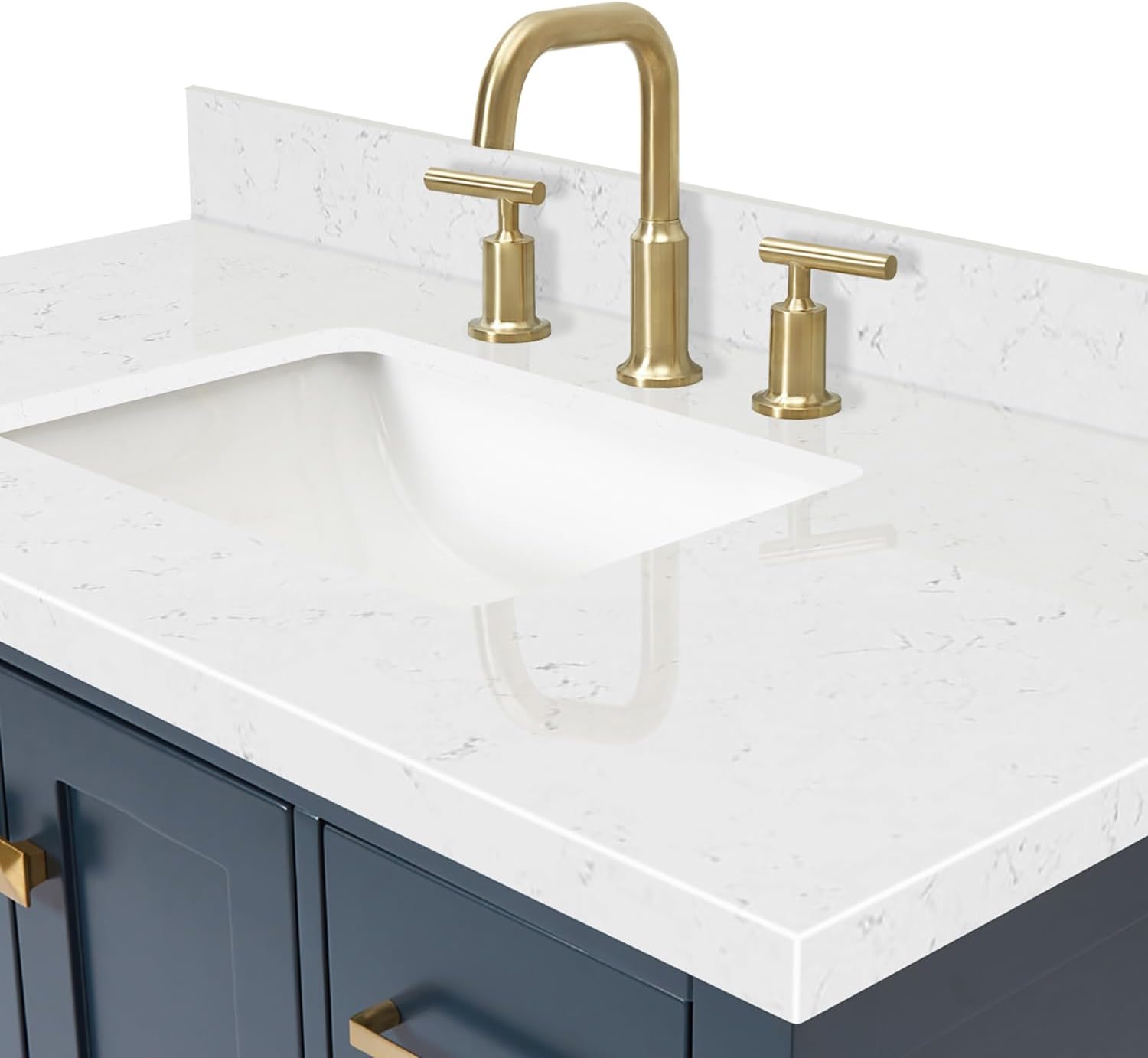 ARIEL Cambridge 42-inch Bathroom Vanity with Sink,Solid Wood, 1.5-inch Carrara White Quartz Countertop, Single Rectangular Porcelain Sink, 2 Soft Closing Doors, 9 Dovetail Drawers, Midnight Blue