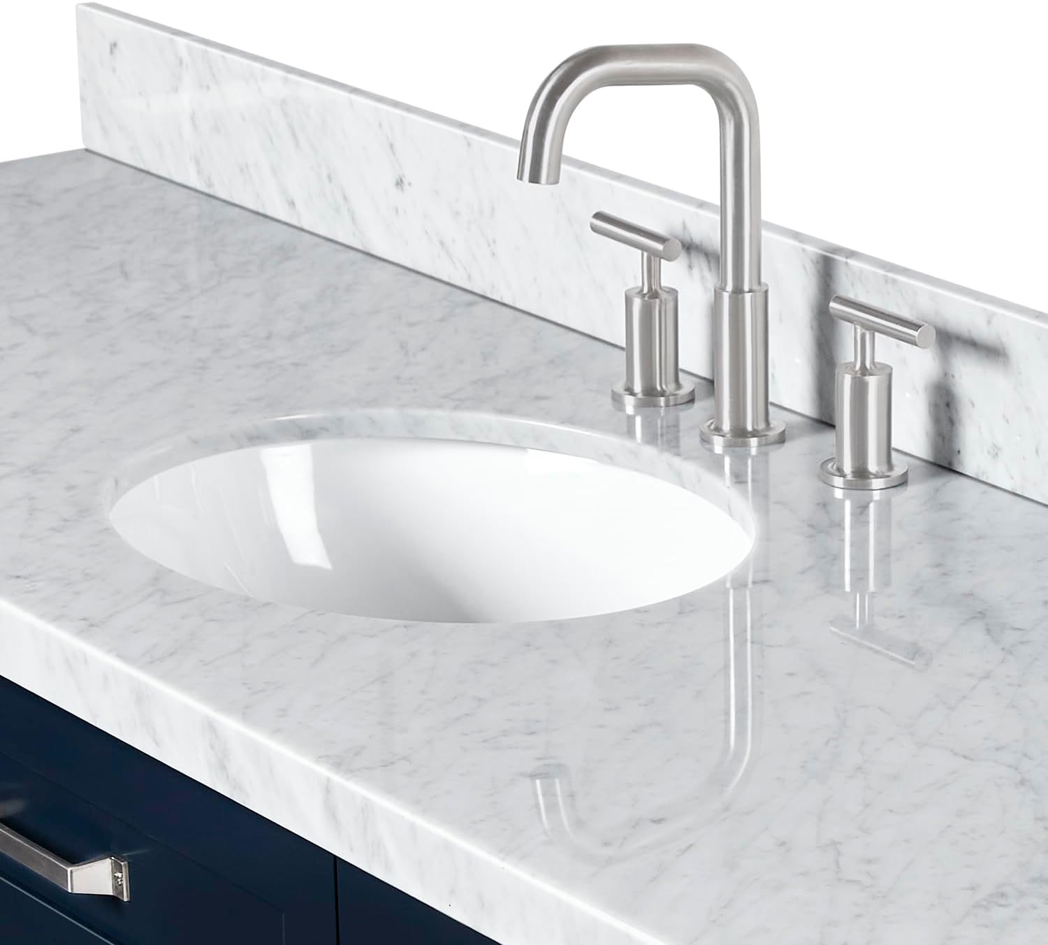 ARIEL Monroe 66-inch Bathroom Vanity with Sink,Solid Wood, 1.5-inch Italian Carrara Marble Countertop & Backsplash, Single Oval Porcelain Sink, 9 Dovetail Drawers, Midnight Blue