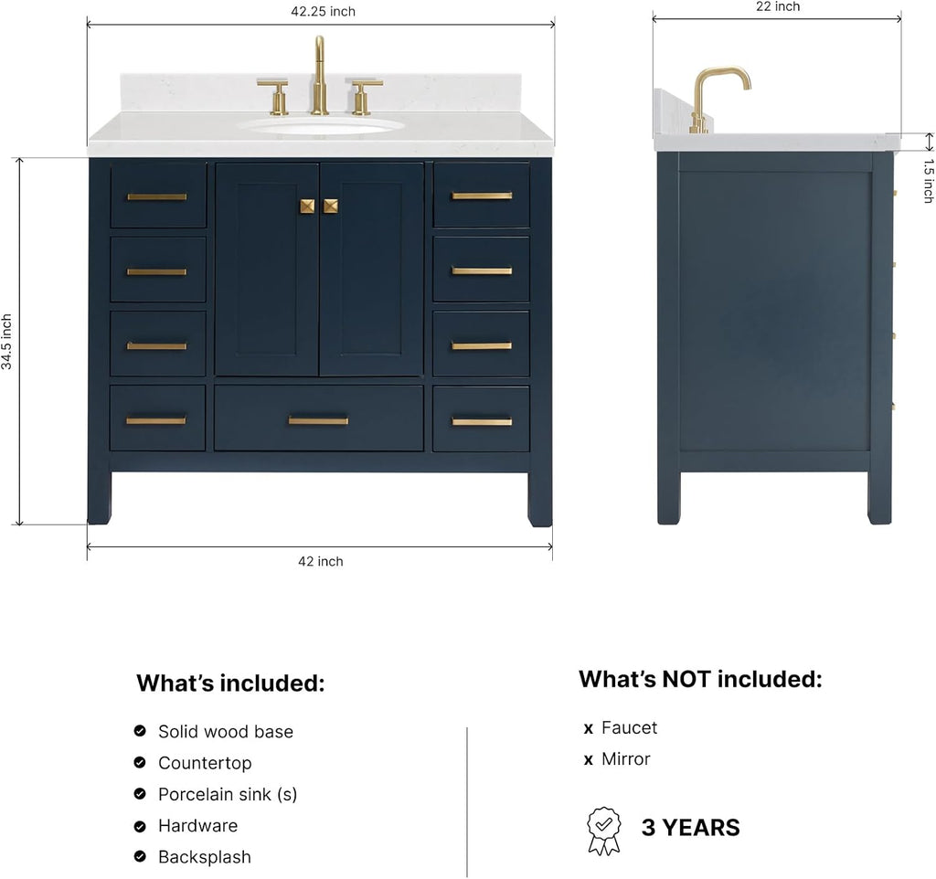 DKB Beckford 42-Inch Midnight Blue Single Bathroom Vanity with Sink, Solid Wood Cabinet, Carrara White Quartz Countertop, 1.5-Inch Edge, Oval Undermount Sink, 2 Soft Closing Doors, 9 Drawers
