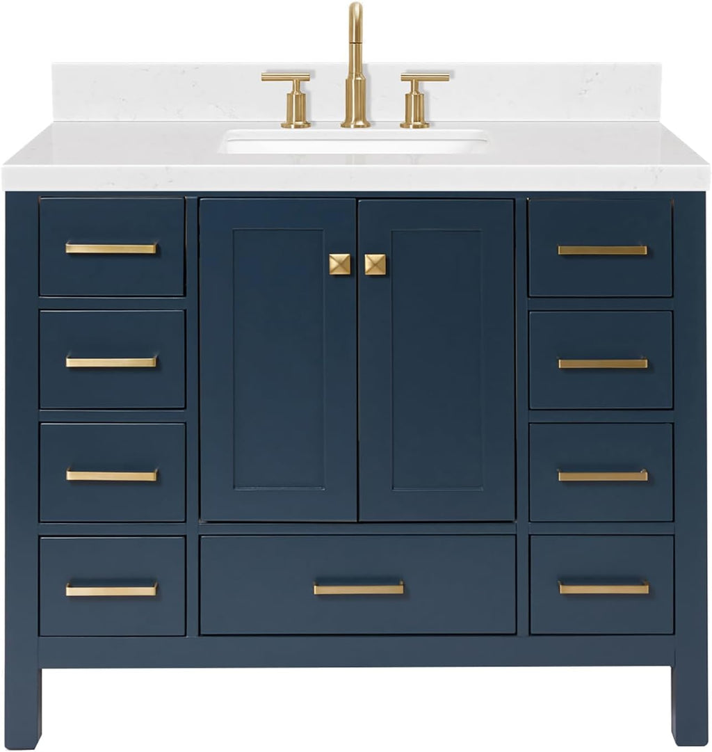 ARIEL Cambridge 42-inch Bathroom Vanity with Sink,Solid Wood, 1.5-inch Carrara White Quartz Countertop, Single Rectangular Porcelain Sink, 2 Soft Closing Doors, 9 Dovetail Drawers, Midnight Blue