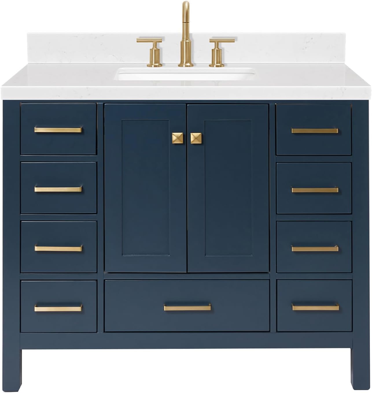 ARIEL Cambridge 42-inch Bathroom Vanity with Sink,Solid Wood, 1.5-inch Carrara White Quartz Countertop, Single Rectangular Porcelain Sink, 2 Soft Closing Doors, 9 Dovetail Drawers, Midnight Blue