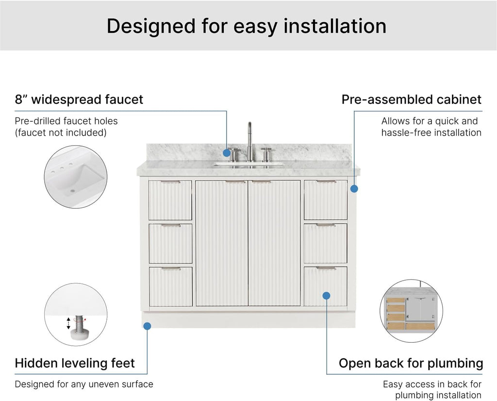 ARIEL Milan 48-inch Bathroom Vanity with Sink,Solid Wood, 1.5-inch Italian Carrara Marble Countertop, Single Rectangular Porcelain Sink, 2 Soft Closing Doors, 6 Dovetail Drawers, Warm White