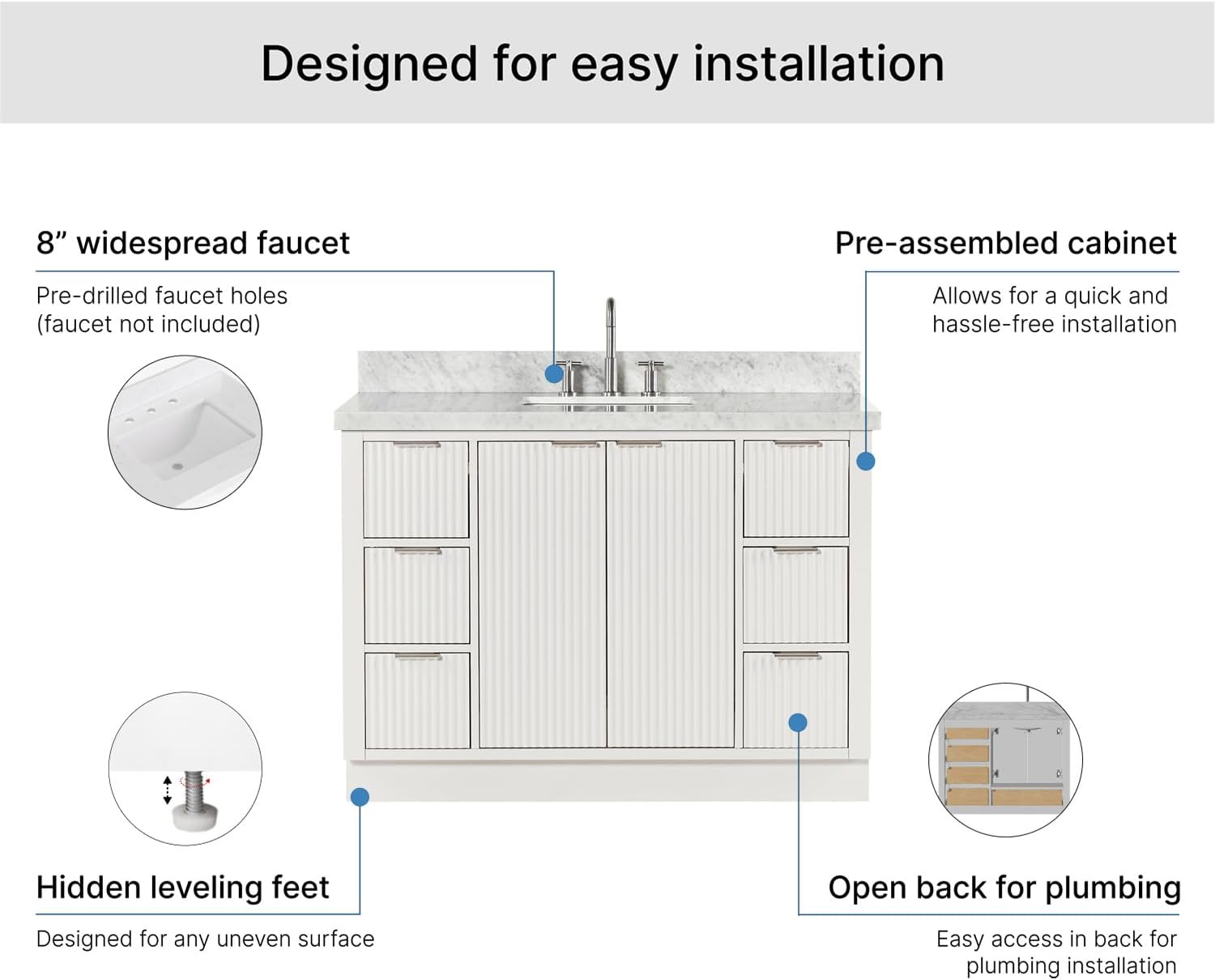ARIEL Milan 48-inch Bathroom Vanity with Sink,Solid Wood, 1.5-inch Italian Carrara Marble Countertop, Single Rectangular Porcelain Sink, 2 Soft Closing Doors, 6 Dovetail Drawers, Warm White