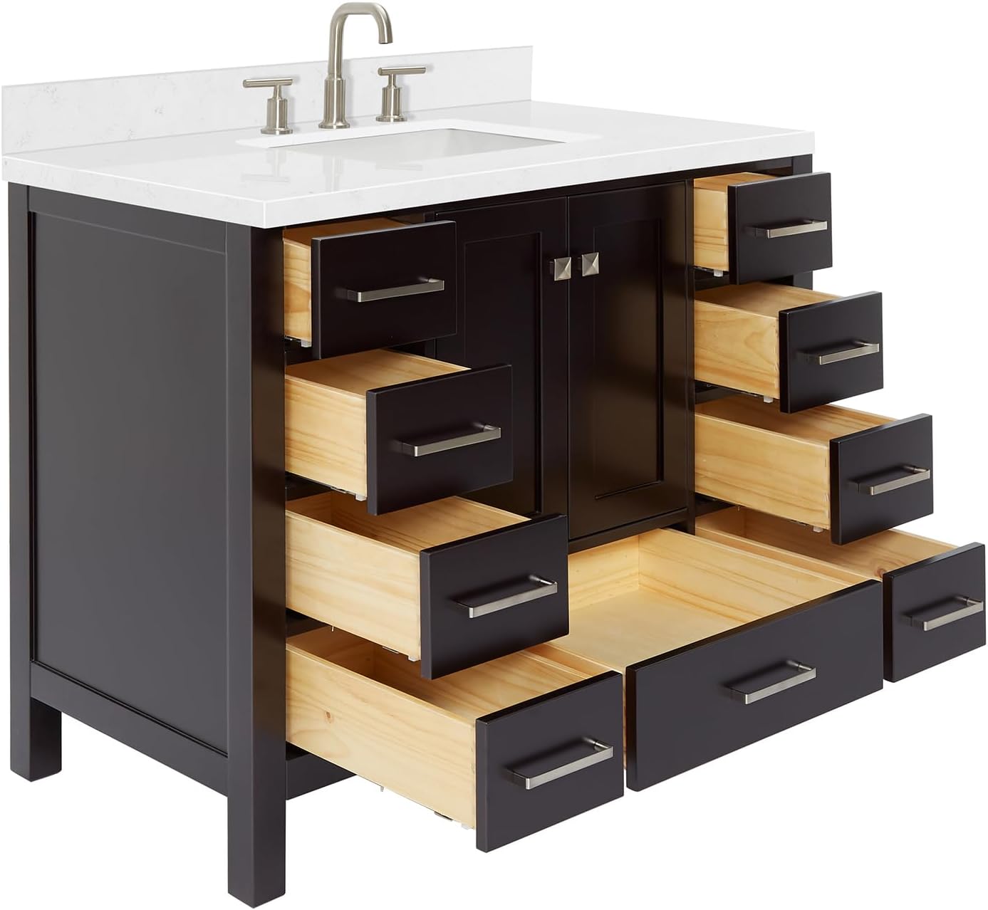 ARIEL Cambridge 42-inch Bathroom Vanity with Sink,Solid Wood, 1.5-inch Carrara White Quartz Countertop, Single Rectangular Porcelain Sink, 2 Soft Closing Doors, 9 Dovetail Drawers, Espresso