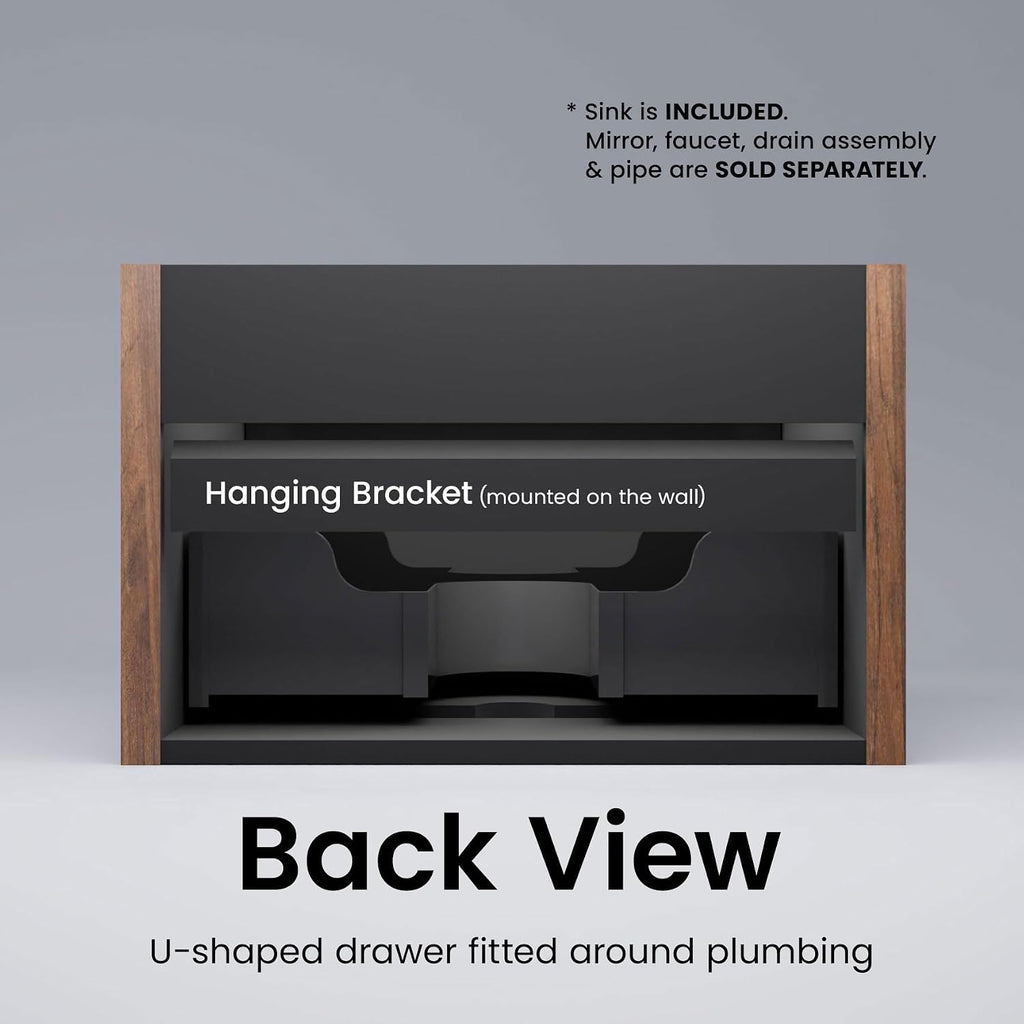 24 Inch Bathroom Vanity with Sink, Modern Floating Vanity with Push Open Drawer, Large Storage for Small Space, Apartment, Hotel, Walnut, Fully Assembled - Camellia Collection