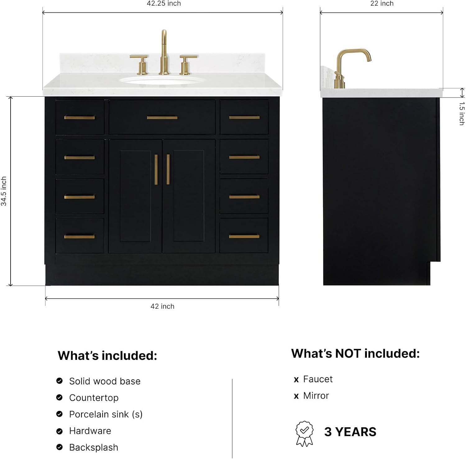 DKB Isabella 42-Inch Black Bathroom Vanity with Sink, 1.5-Inch Mitered Carrara White Quartz Countertop & 4-Inch Backsplash, Oval Sink, Solid Wood Frame, Soft-Close Drawer, Modern Hardware