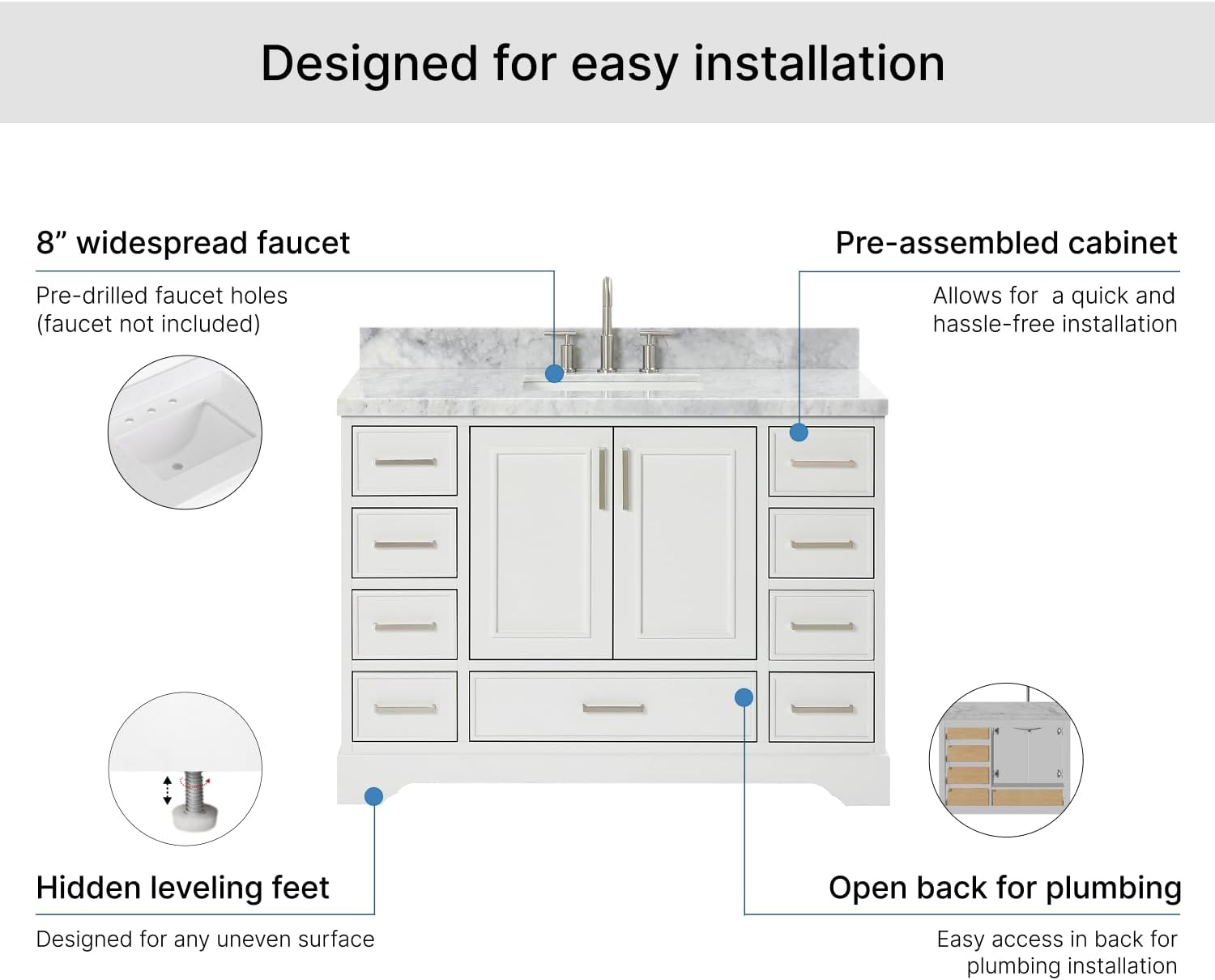 ARIEL Stafford 48-inch Bathroom Vanity with Sink,Solid Wood, 1.5-inch Italian Carrara Marble Countertop, Single Rectangular Porcelain Sink, 2 Soft Closing Doors, 9 Dovetail Drawers, White