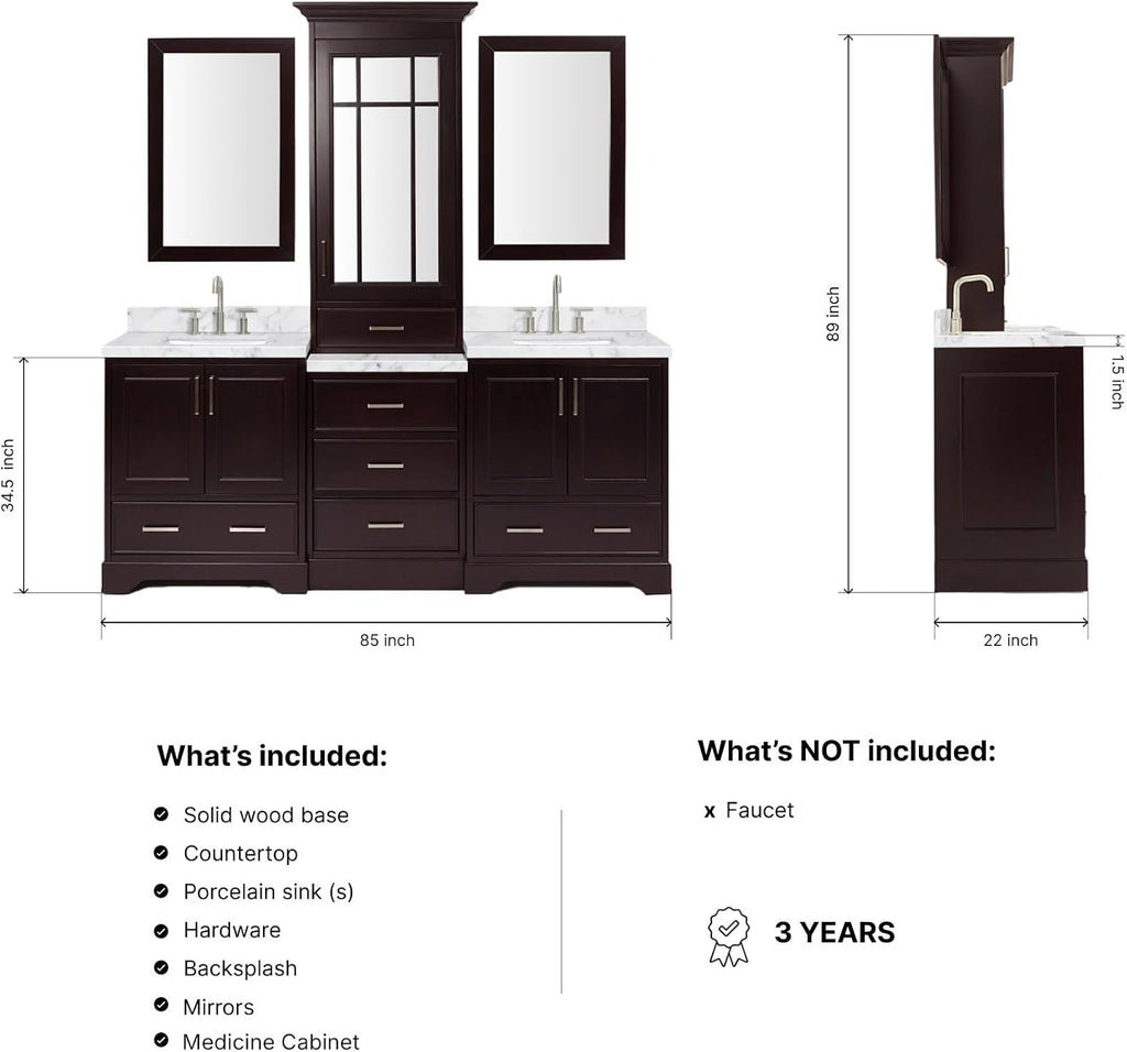 ARIEL Stafford 84-inch Bathroom Vanity with Sink,Solid Wood, 1.5-inch Italian Carrara Marble Countertop, Double Rectangular Porcelain Sink, 5 Soft Closing Doors, 6 Dovetail Drawers, Espresso