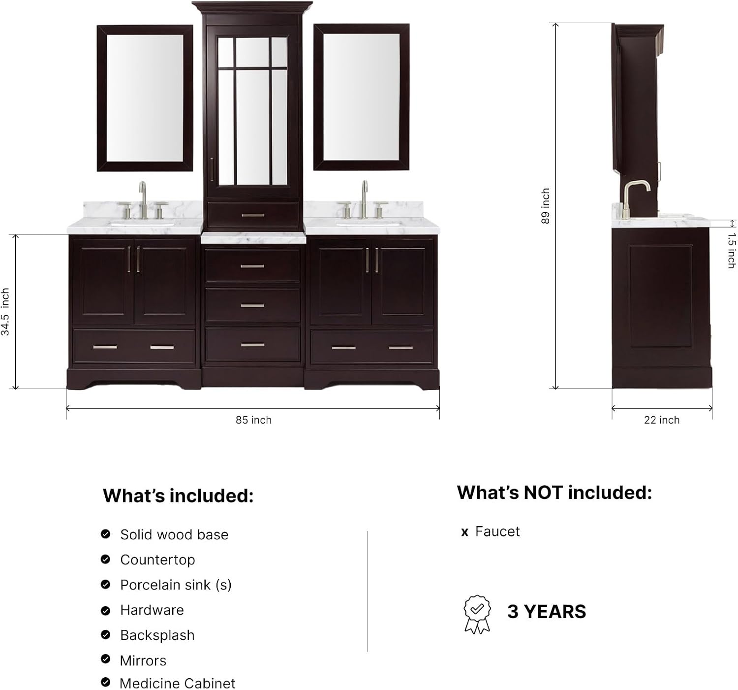 ARIEL Stafford 84-inch Bathroom Vanity with Sink,Solid Wood, 1.5-inch Italian Carrara Marble Countertop, Double Rectangular Porcelain Sink, 5 Soft Closing Doors, 6 Dovetail Drawers, Espresso