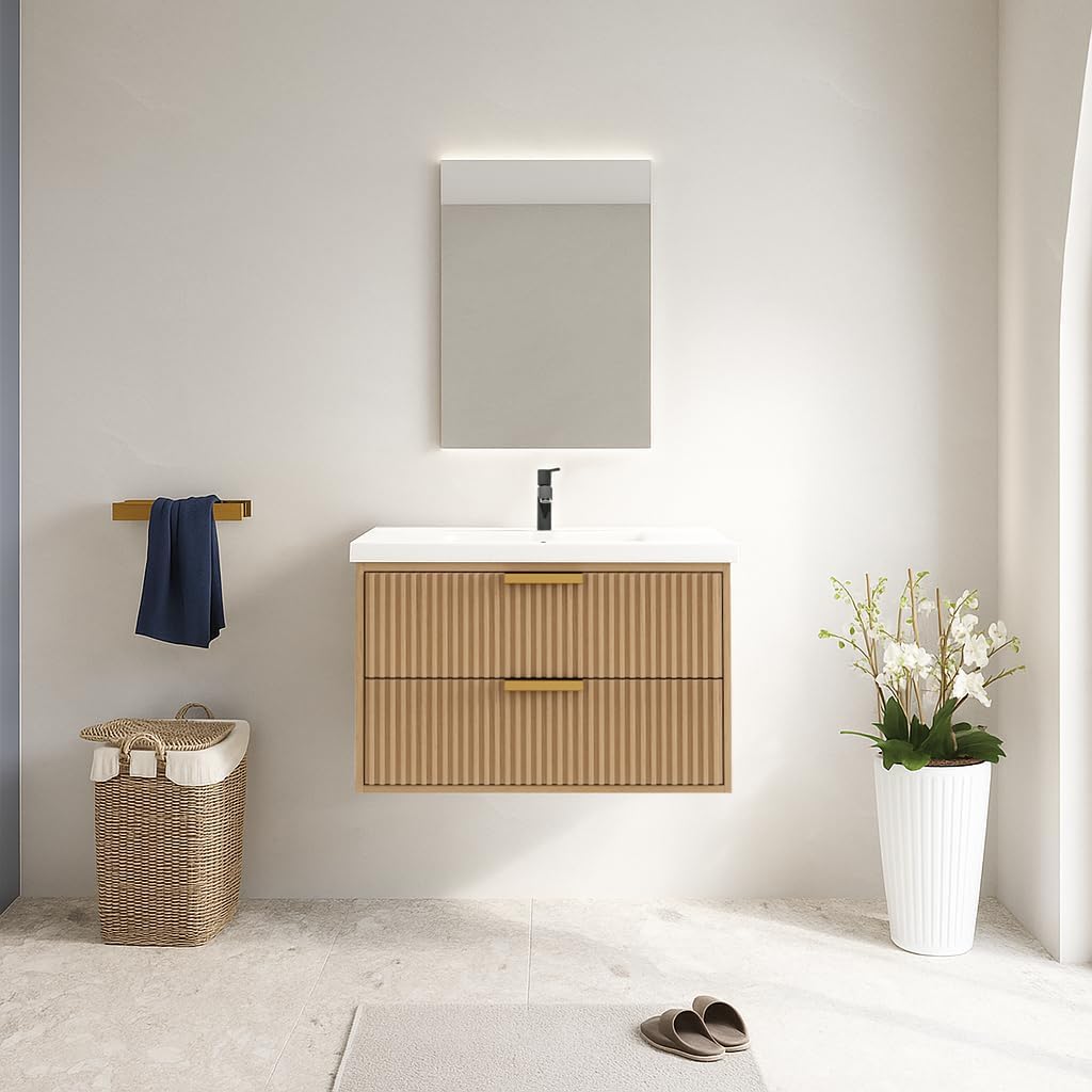 Modern 30' Floating Bathroom Vanity with White Sink in Oak Gray, Solid Wood, Fully Assembled, Single Sink