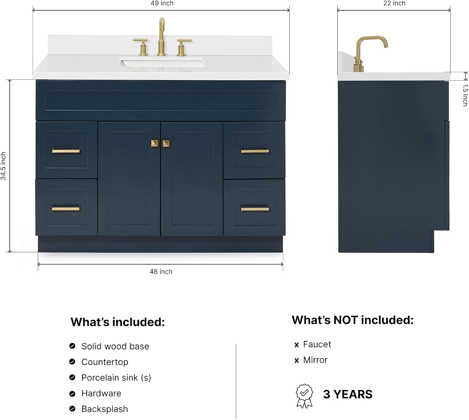 ARIEL Hamlet 48-inch Bathroom Vanity with Sink,Solid Wood, 1.5-inch Pure White Quartz Countertop, Single Rectangular Porcelain Sink, Soft Closing Doors, Dovetail Drawers, Midnight Blue