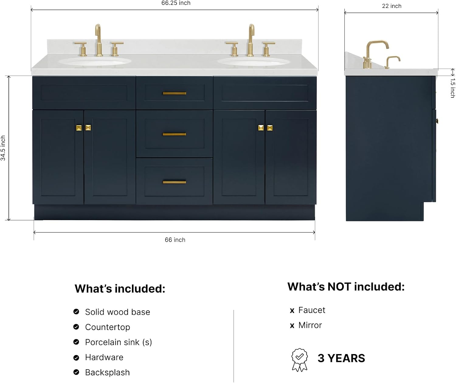 ARIEL Hamlet 66-inch Bathroom Vanity with Sink,Solid Wood, 1.5-inch Carrara White Quartz Countertop & Backsplash, Double Oval Porcelain Sink, 4 Soft Closing Doors, 3 Dovetail Drawers, Midnight Blue