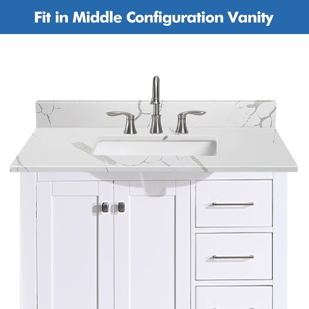 36 in.W x 22 in.D Quartz Calacatta River Vanity Top,with Undermount Middle Sink Vanity Top,with Two Sidesplash & One Backsplash,8 Inch Faucet Hole Spread Bathroom Vanity Sink Countertop