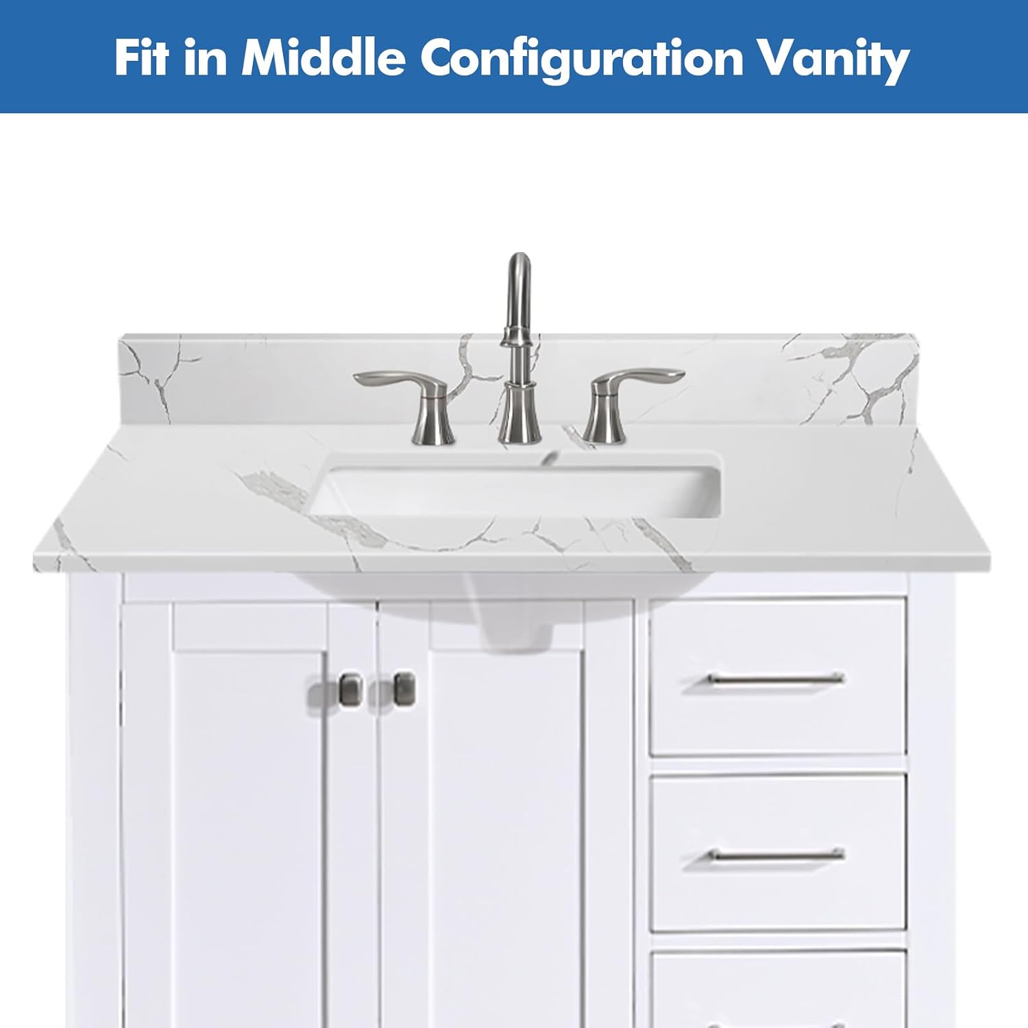 36 in.W x 22 in.D Quartz Calacatta River Vanity Top,with Undermount Middle Sink Vanity Top,with Two Sidesplash & One Backsplash,8 Inch Faucet Hole Spread Bathroom Vanity Sink Countertop