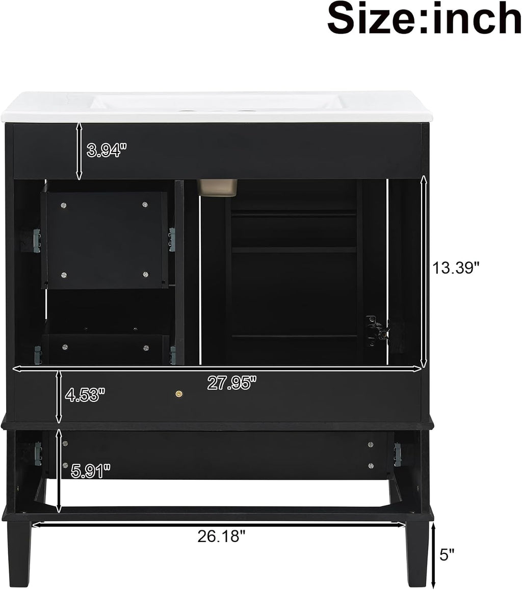 Harper & Bright Designs 30' Bathroom Vanity with Sink, Free Standing Single Basin Vanity Set with One Door, 2 Drawers and Divided Drawers, Wood Bathroom Cabinet with Ceramic Basin for Bathroom, Black